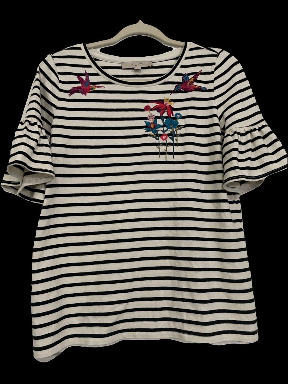 LOFT Black & White Striped Tee with Bright Floral Embroidery